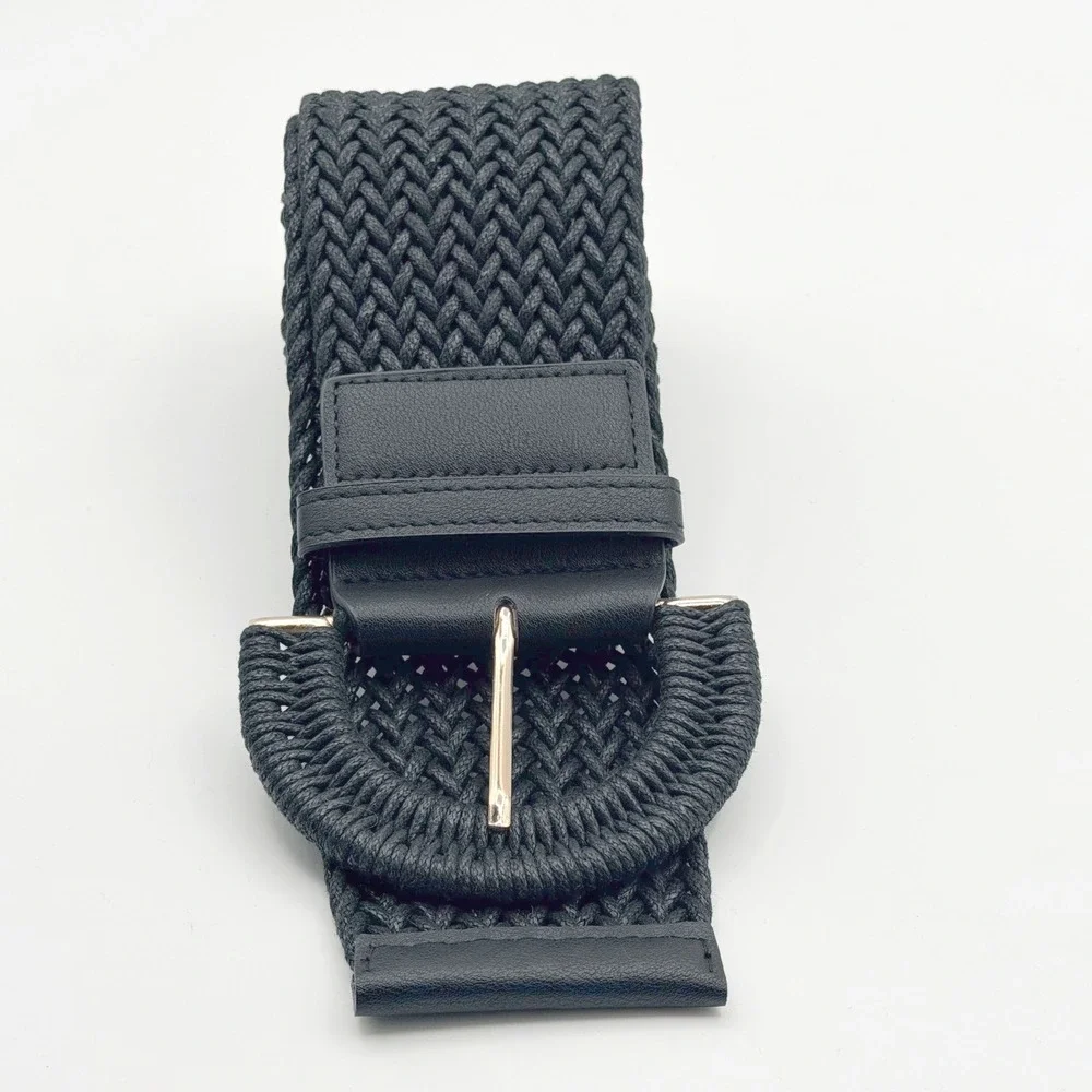 Womens Black Braided Elastic Waist Belt Wide‎ Woven Cinch Gold Horseshoe Buckle